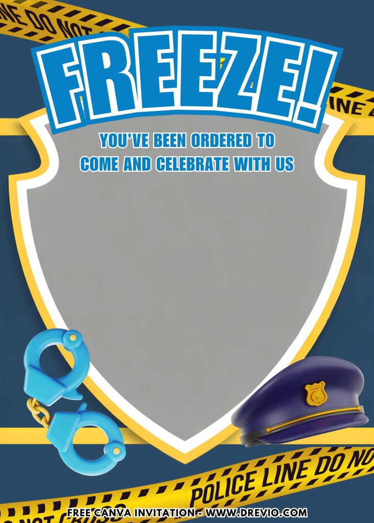 Free and Editable Police Hat and Handcuff Birthday Birthday Invitation Templates Made in Canva. Customize Online for free