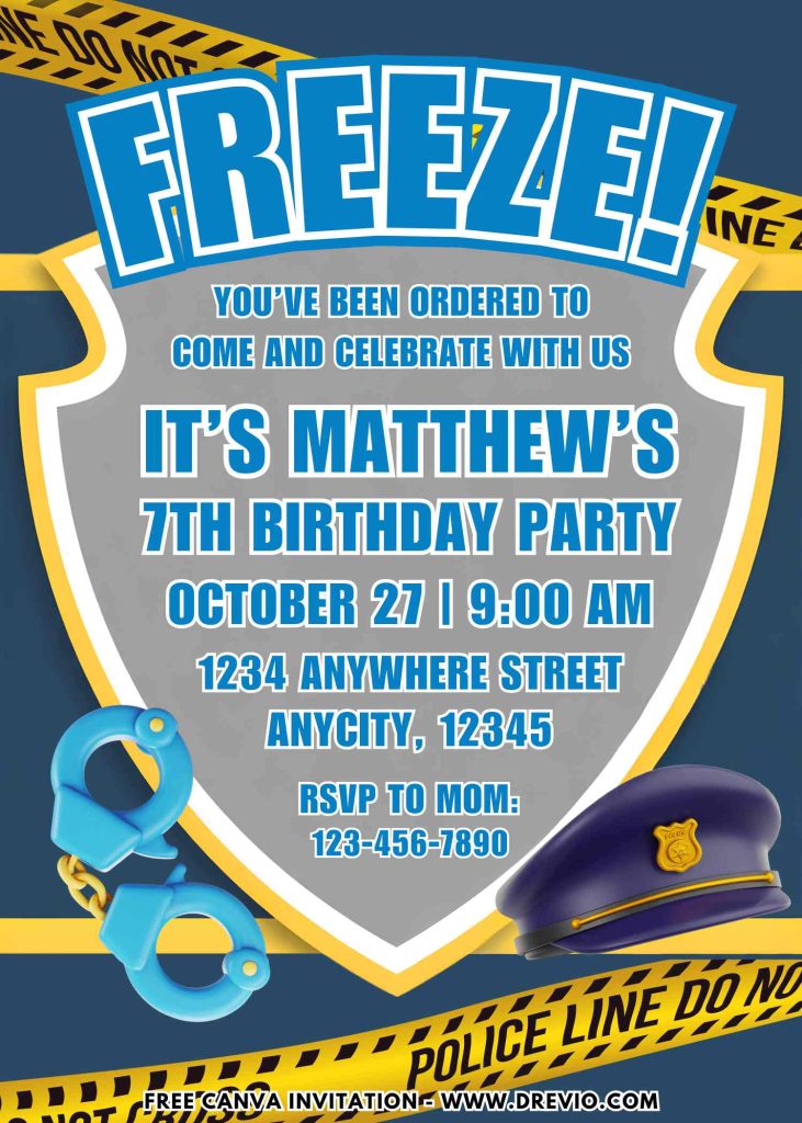 Free and Editable Cute Police Birthday Birthday Invitation Templates Made in Canva. Customize Online for free