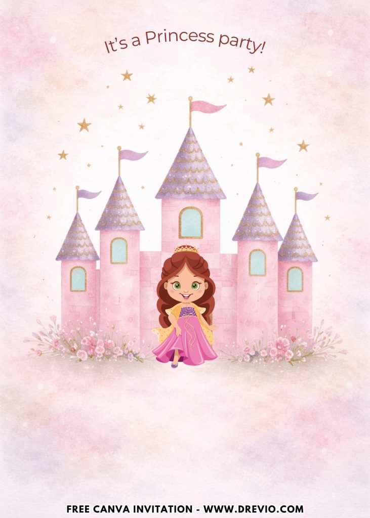 Free and Editable Cute Princess Castle and Carriage Birthday Invitation Templates Made in Canva. Customize Online for free