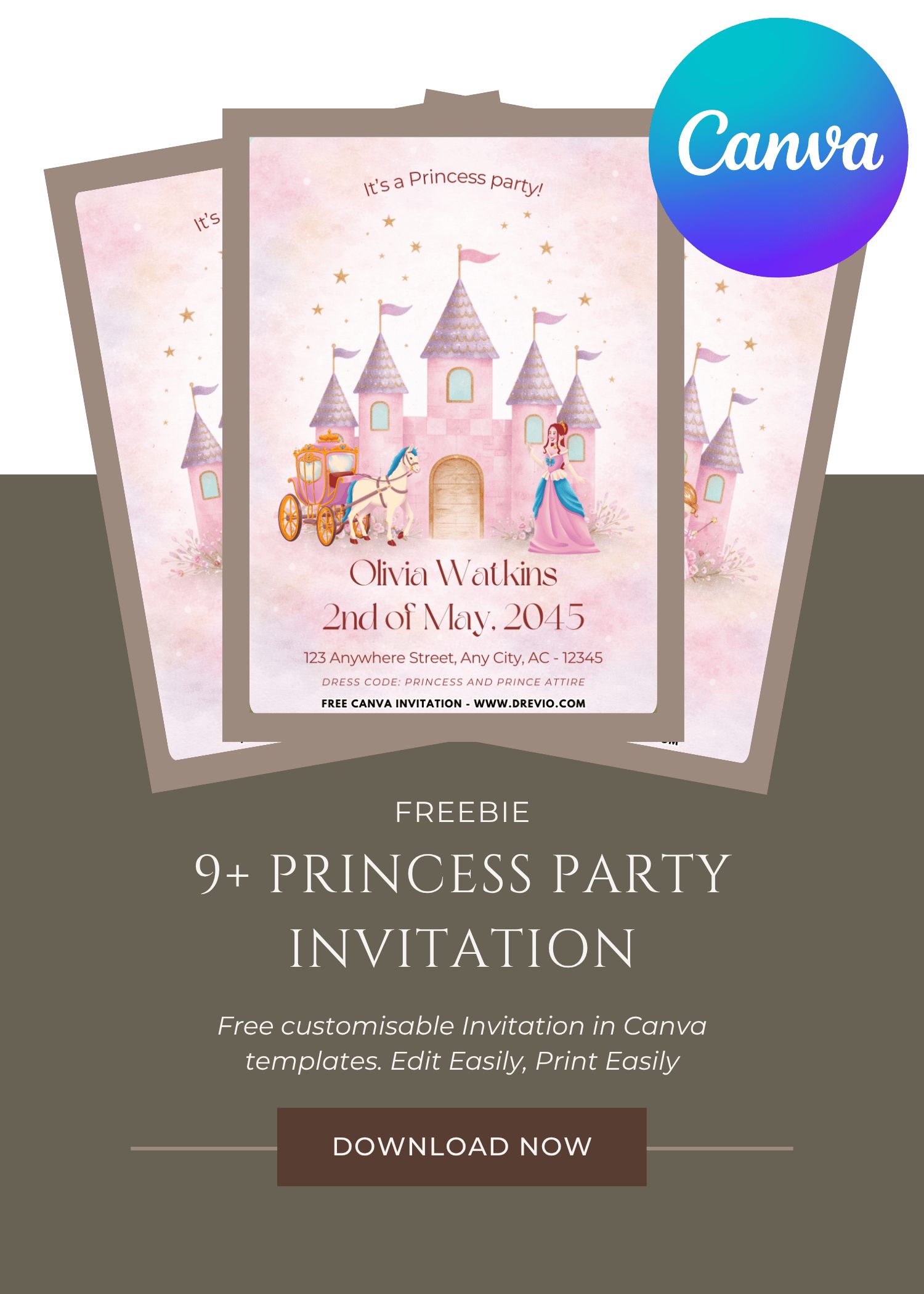 Free and Editable Princess Castle and Carriage Birthday Invitation Templates Made in Canva. Customize Online for free