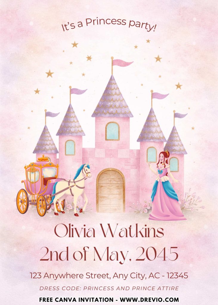 Free and Editable Beautiful Princess Castle and Carriage Birthday Invitation Templates Made in Canva. Customize Online for free