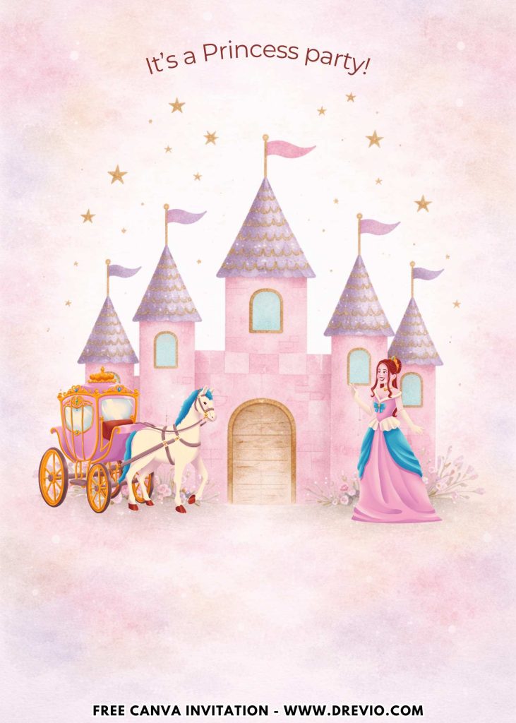 Free and Editable Gorgeous Princess Castle and Carriage Birthday Invitation Templates Made in Canva. Customize Online for free