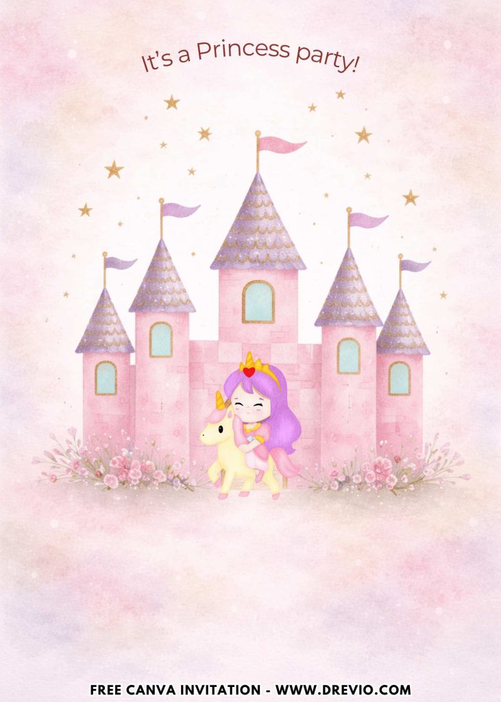 Free and Editable Chic Watercolor Princess Castle and Carriage Birthday Invitation Templates Made in Canva. Customize Online for free