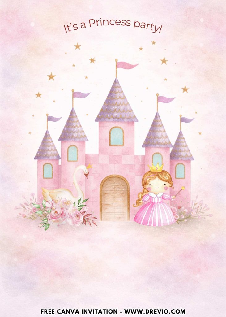 Free and Editable Lovely Cute Princess Castle and Carriage Birthday Invitation Templates Made in Canva. Customize Online for free