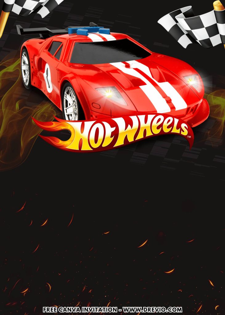 Free and Editable Red Ford GT Hot Wheels Treasure Hunt Birthday Invitation Templates Made in Canva. Customize Online for free