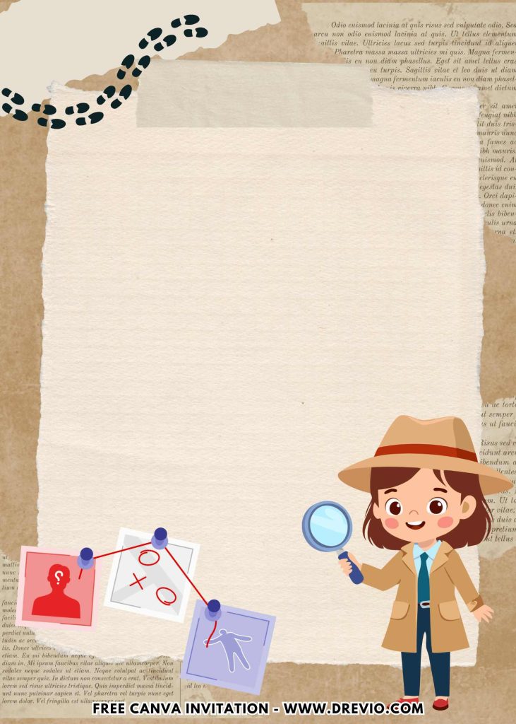 Free and Editable Young Girl Detective Mystery Invitation Templates Made in Canva. Customize Online for free