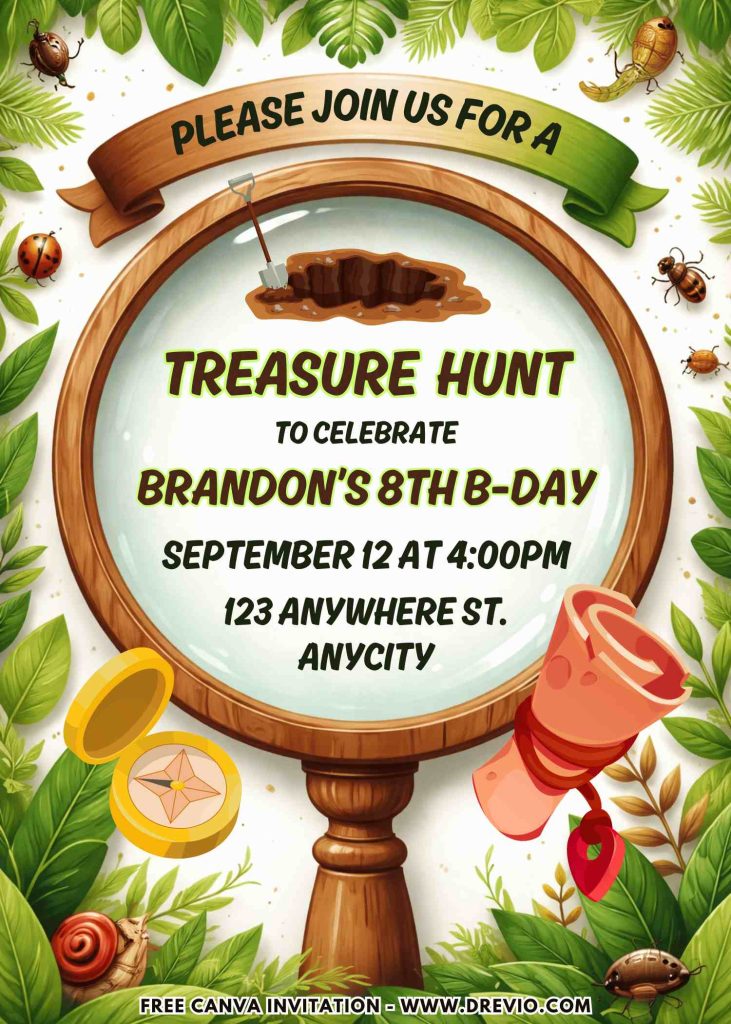 Free and Editable Cute Backyard Treasure Hunt Invitation Templates Made in Canva. Customize Online for free