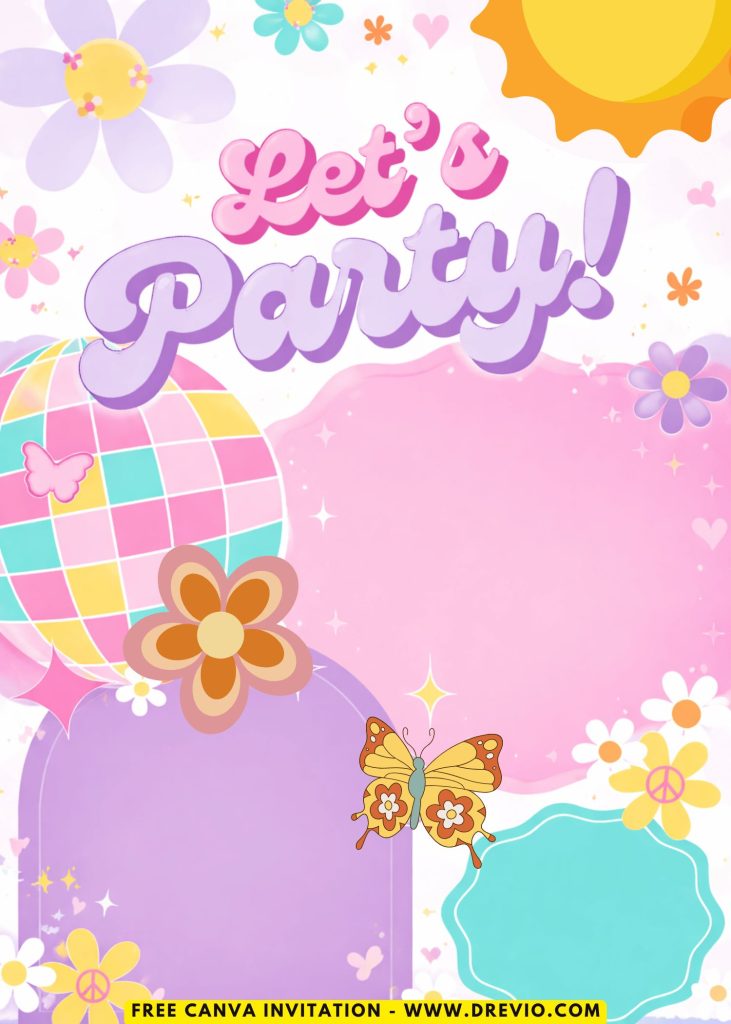 Free and Editable Hippie Groovy 70s Disco Invitation Templates Made in Canva. Customize Online for free