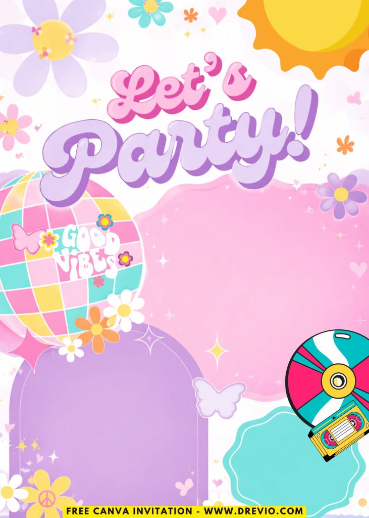 Free and Editable Lovely Groovy 70s Disco Invitation Templates Made in Canva. Customize Online for free