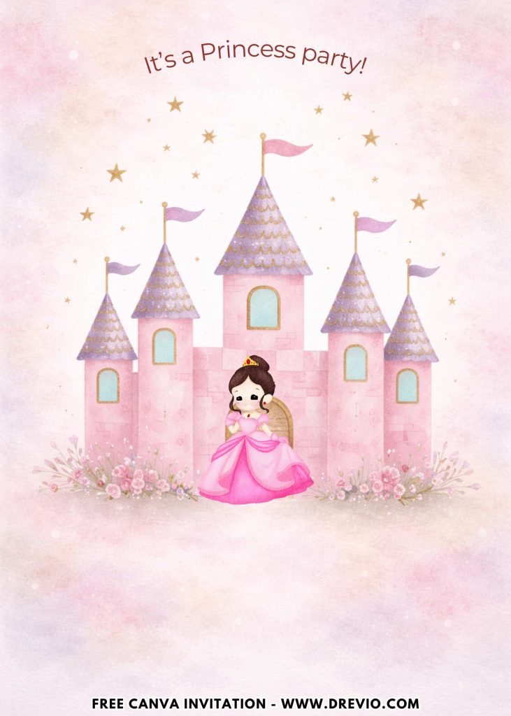 Free and Editable Adorable Princess Castle and Carriage Birthday Invitation Templates Made in Canva. Customize Online for free