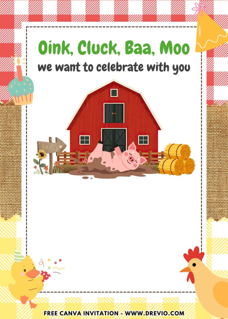 Free and Editable Oink Cluck Baa Moo Barnyard Farm Birthday Invitation Templates Made in Canva. Customize Online for free