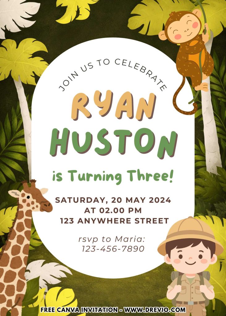 Free and Editable Cute Little Safari Birthday Invitation Templates Made in Canva. Customize Online for free