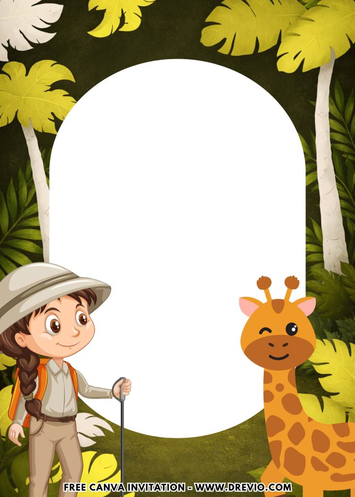 Free and Editable Cartoon Little Girl Explorer Safari Birthday Invitation Templates Made in Canva. Customize Online for free