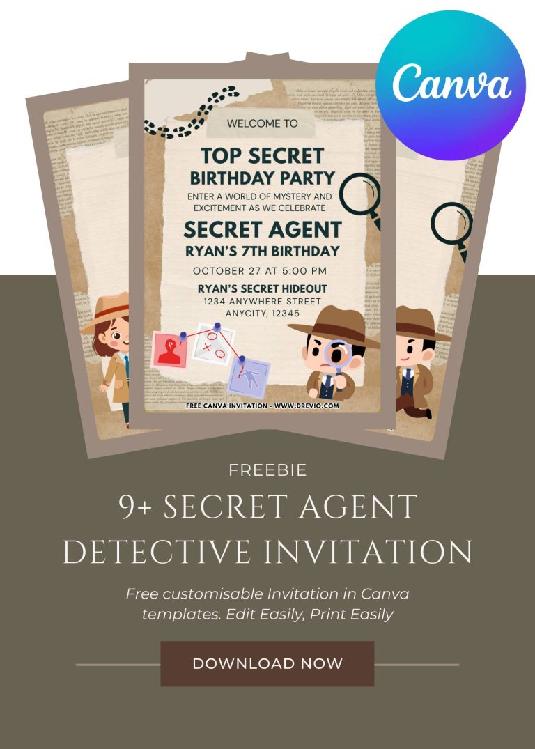 Free and Editable Adorable Little Detective Mystery Invitation Templates Made in Canva. Customize Online for free