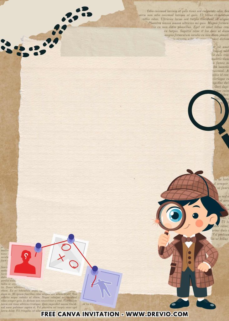 Free and Editable Cute Little Detective Mystery Invitation Templates Made in Canva. Customize Online for free