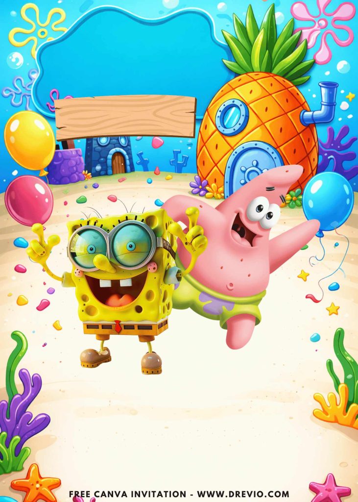 Free and Editable Cheerful Bikini Bottom Patrick SpongeBob Birthday Cutes Invitation Templates Made in Canva. Customize Online for free