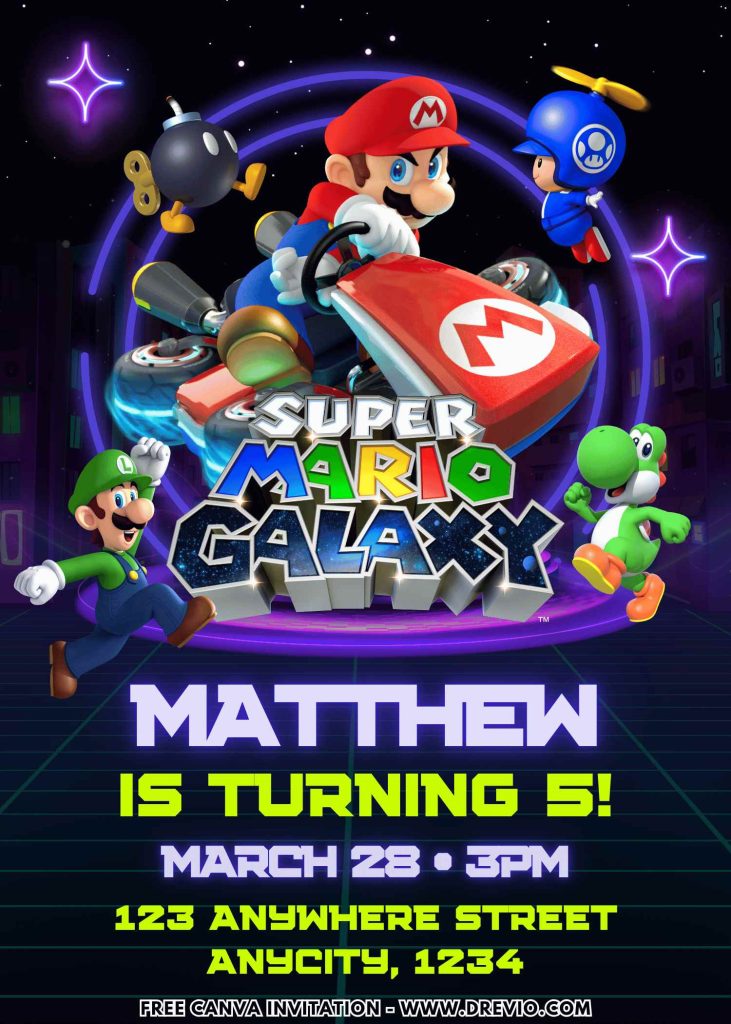 Free and Editable Super Mario Galaxy Invitation Templates Made in Canva. Customize Online for free