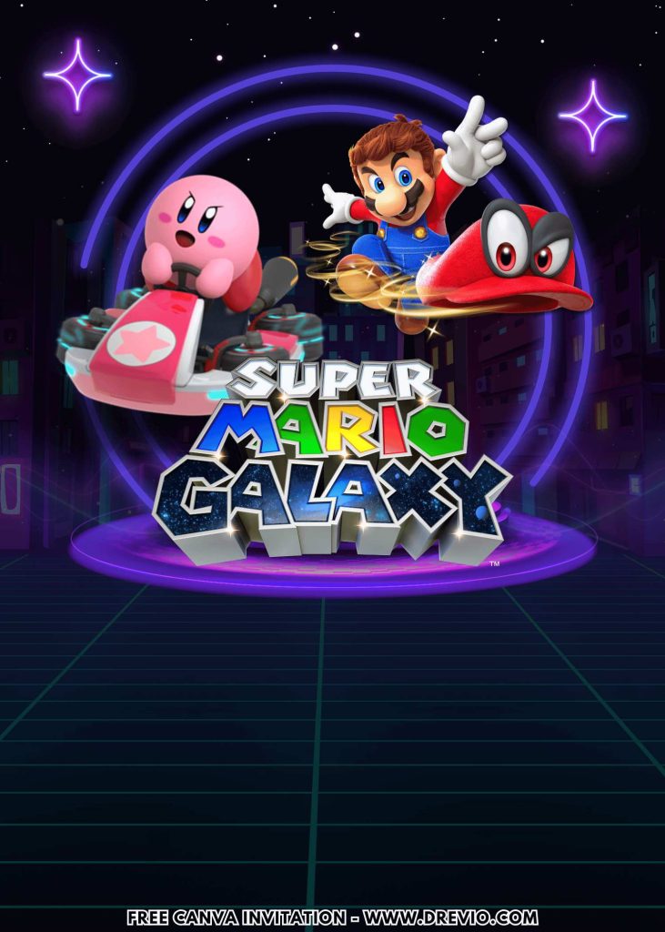 Free and Editable Cute Super Mario Galaxy Invitation Templates Made in Canva. Customize Online for free