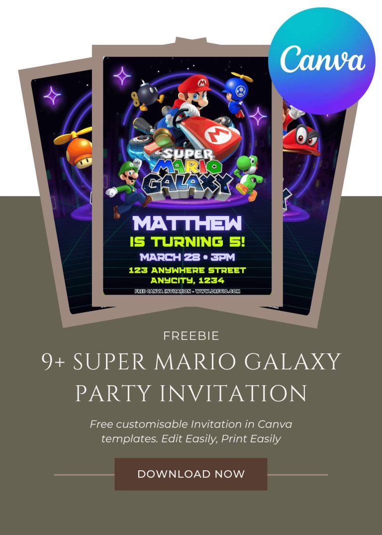 Free and Editable Epic Super Mario Galaxy Invitation Templates Made in Canva. Customize Online for free