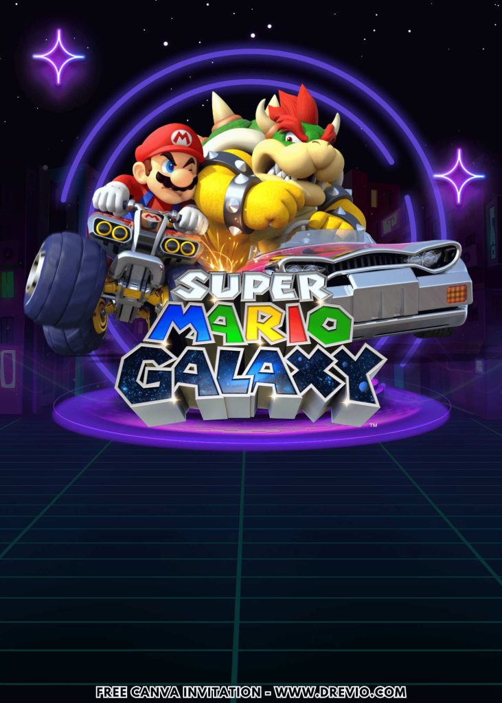 Free and Editable Super Mario Kart Galaxy Invitation Templates Made in Canva. Customize Online for free