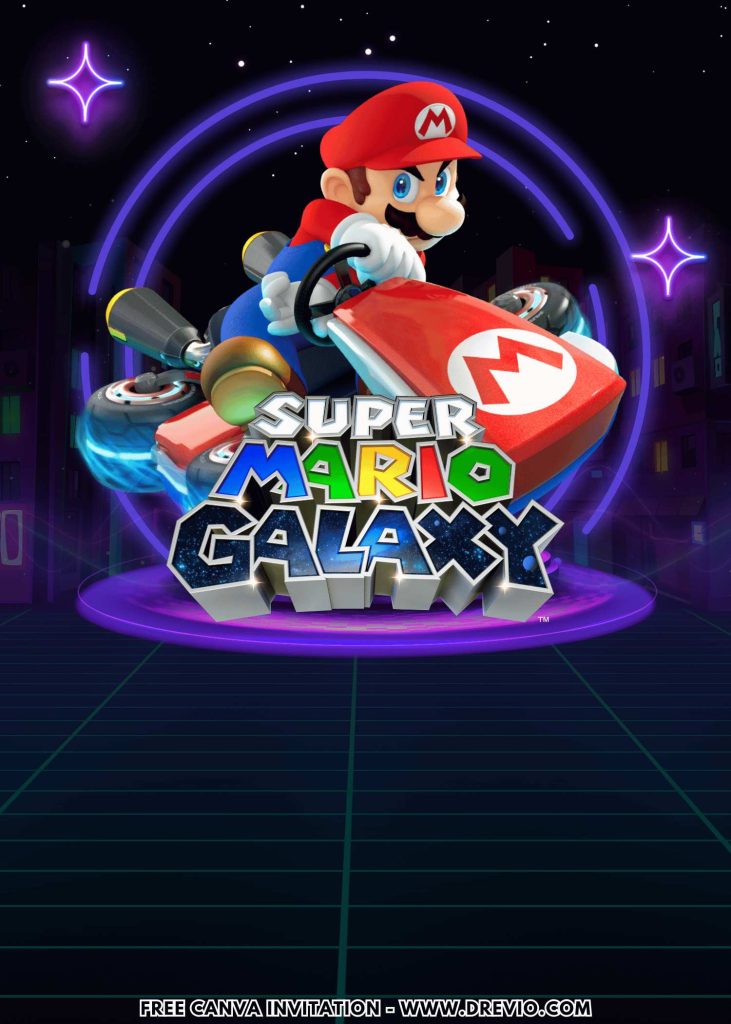 Free and Editable Flash Neon Super Mario Galaxy Invitation Templates Made in Canva. Customize Online for free