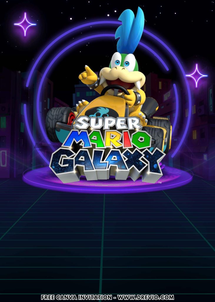 Free and Editable Adorable Neon Super Mario Galaxy Invitation Templates Made in Canva. Customize Online for free