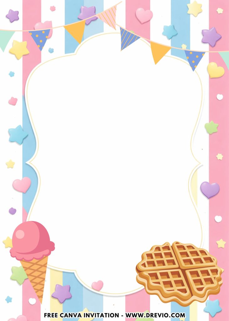Free and Editable Sweet Ice Cream Cone and Belgian Waffle Invitation Templates Made in Canva. Customize Online for free