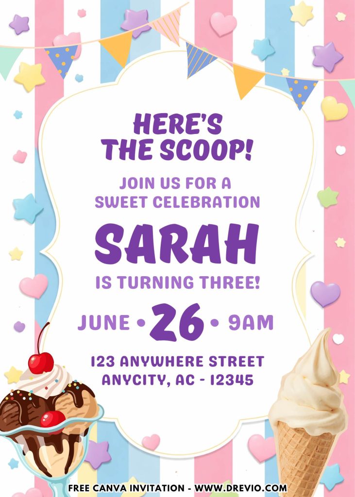 Free and Editable Sparkling Sweet Ice Cream Invitation Templates Made in Canva. Customize Online for free