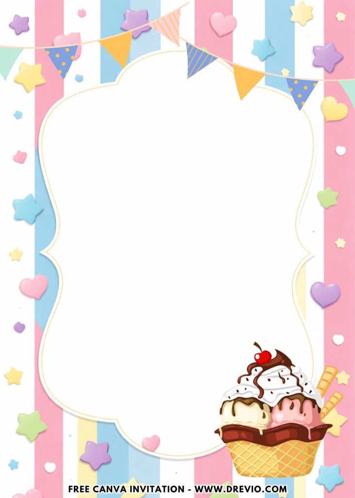 Free and Editable Triple Scoop Sweet Ice Cream Strawberry Chocolate Invitation Templates Made in Canva. Customize Online for free