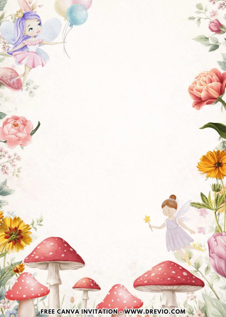 Free and Editable Mushroom Kingdom Fairy Birthday Invitation Templates Made in Canva. Customize Online for free