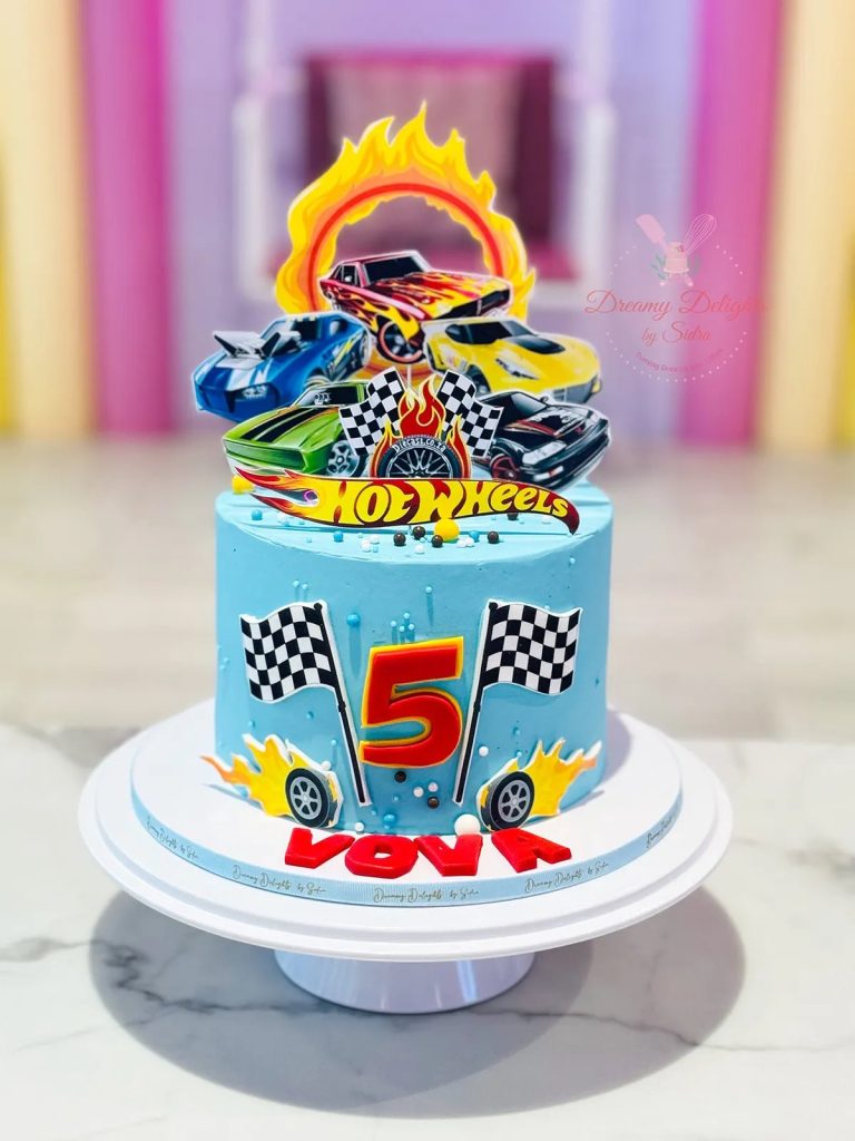 Hot Wheels Cake with blue fondant and custom Hot Wheels cake topper
