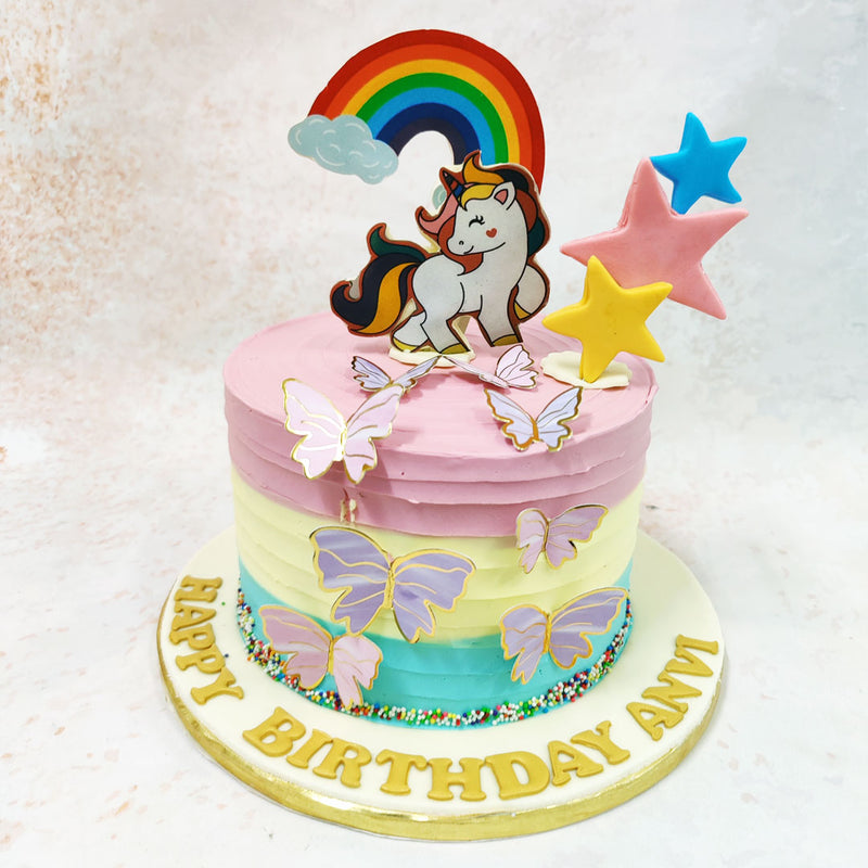 Simple and Cute Unicorn birthday cake with DIY Paper Rainbow and Unicorn Cake toppers