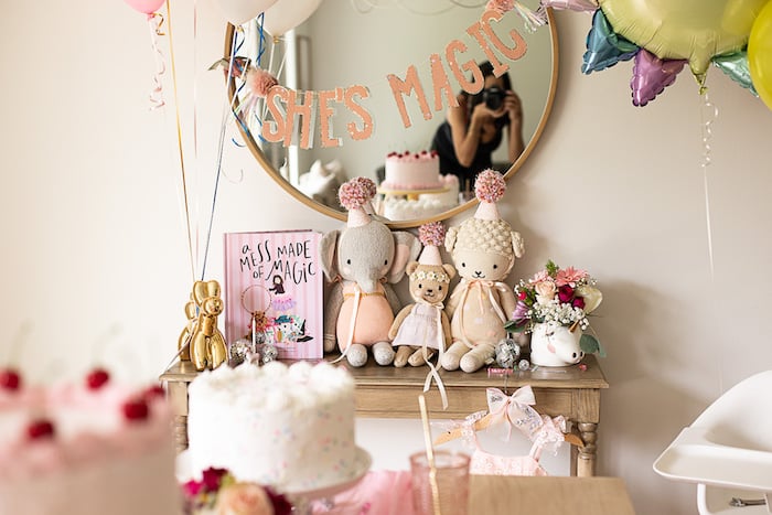 Adorable Girl First Birthday Party Decor with Chic Baby Elephant, Bunny and Teddy Bear plush toys