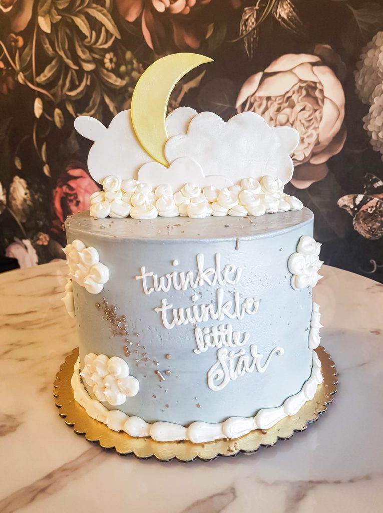 Pink 1st Birthday Cake with Pink Fondant and White Swirls and Custom Crescent Moon Cake topper