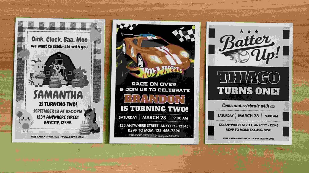 My Hot Wheels Birthday Invitation printed alongside farm and baseball party invitation