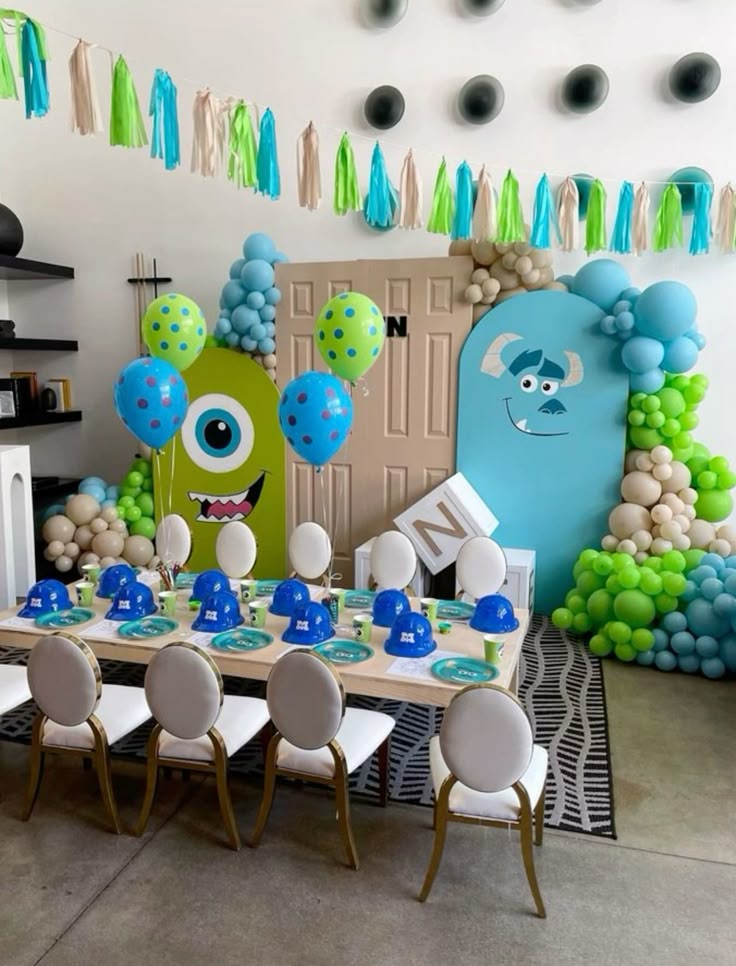 Modern Mike Wazowski invitation with clean green and blue design, monster eye graphics, subtle doors, and birthday details