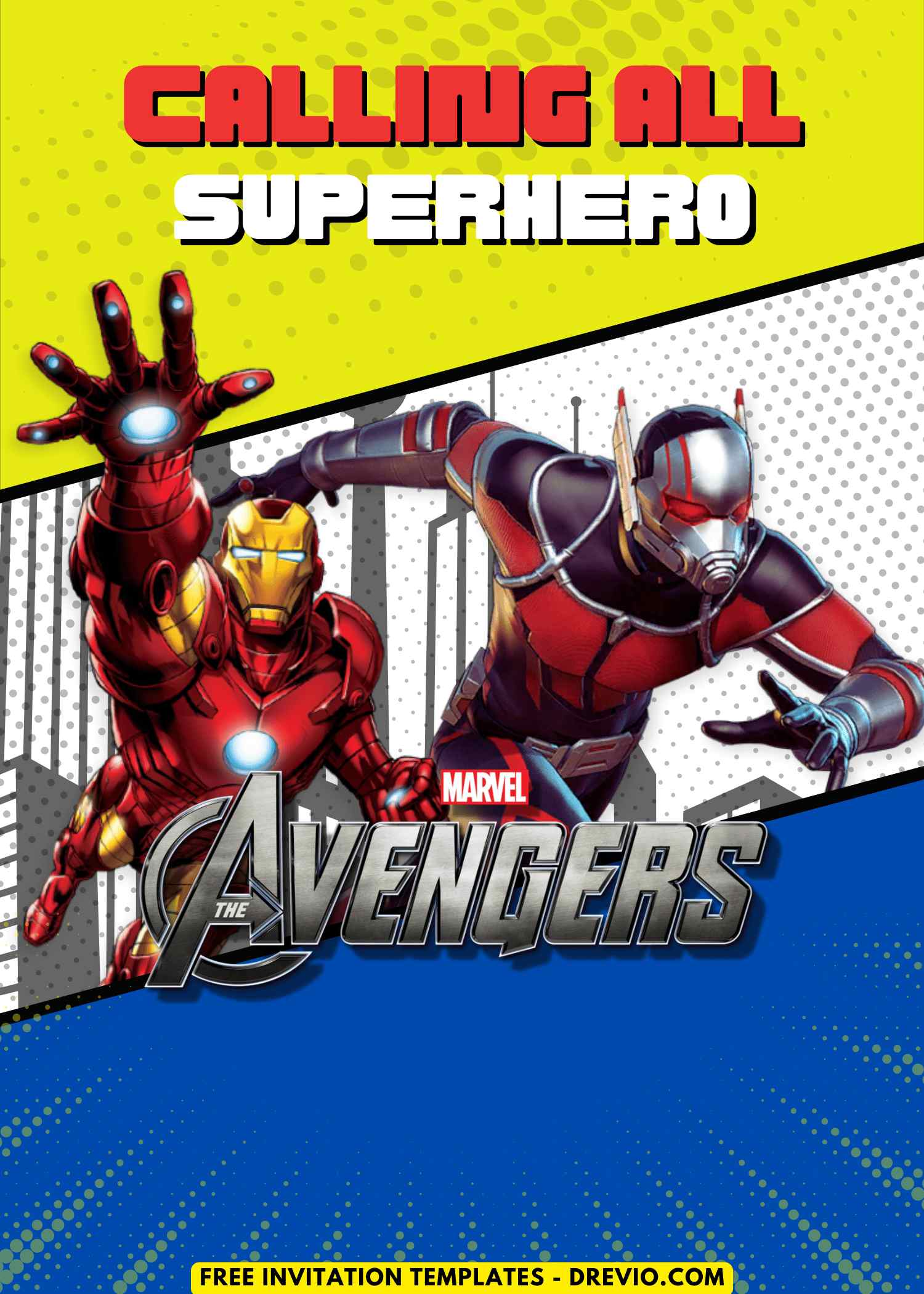 Free and Editable Iron Man and Ant Man Avengers Birthday Invitation Templates Made in Canva. Customize Online for free