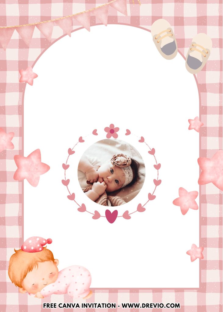 Free and Editable Watercolor Little Sleeping Baby Girl First Birthday Invitation Templates Made in Canva. Customize Online for free