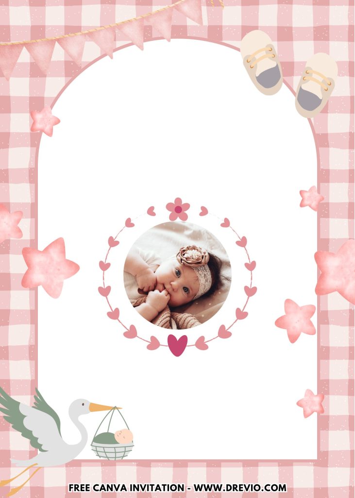 Free and Editable Stork Carrying Baby Girl First Birthday Invitation Templates Made in Canva. Customize Online for free