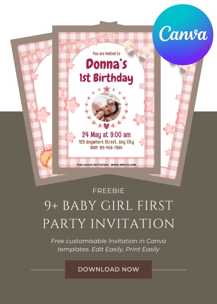 Free and Editable Adorable Girl First Birthday Invitation Templates Made in Canva. Customize Online for free