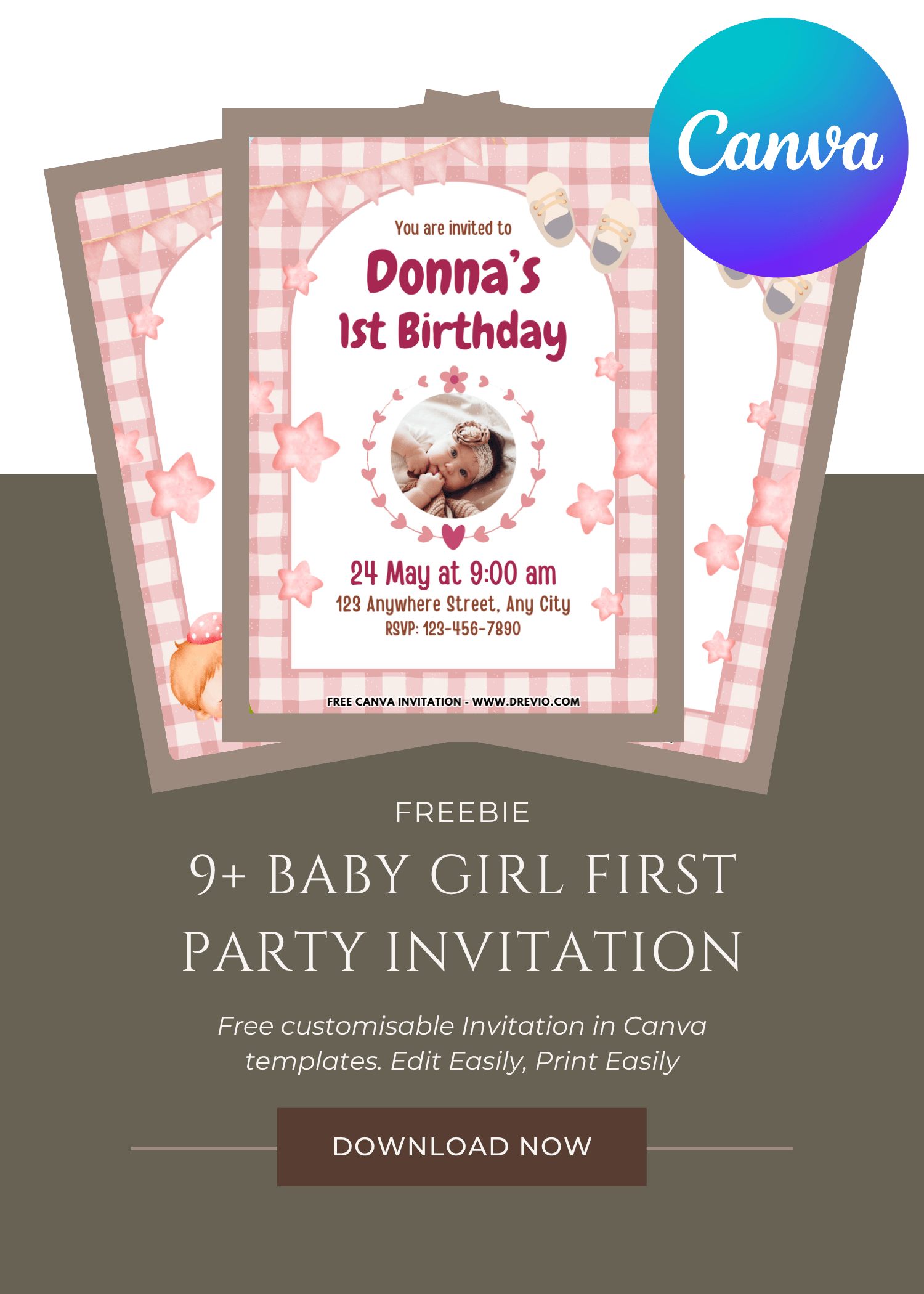Free and Editable Adorable Girl First Birthday Invitation Templates Made in Canva. Customize Online for free