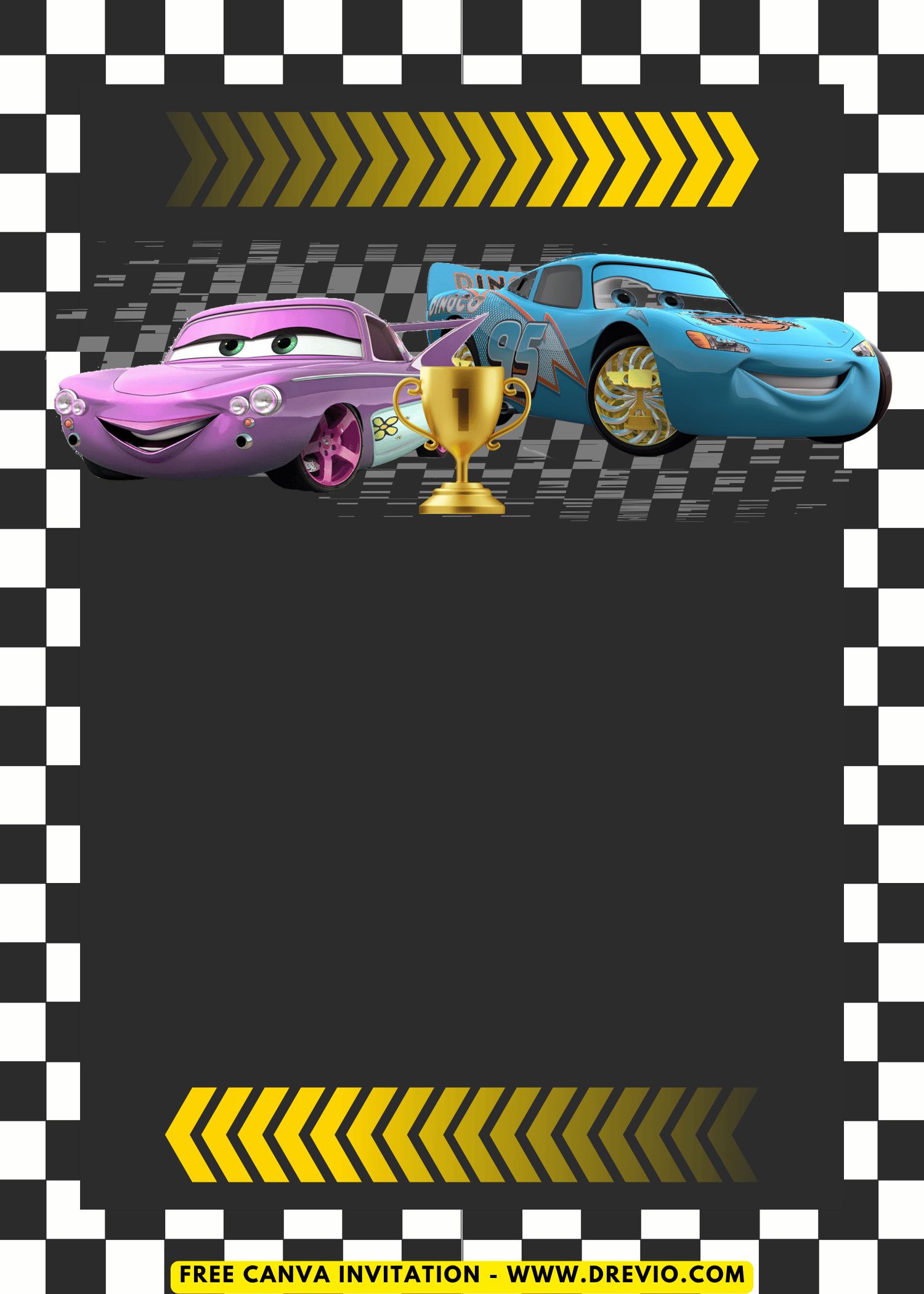 Free and Editable Disney Cars Strip "The King" Weathers Birthday Invitation Templates Made in Canva. Customize Online for free