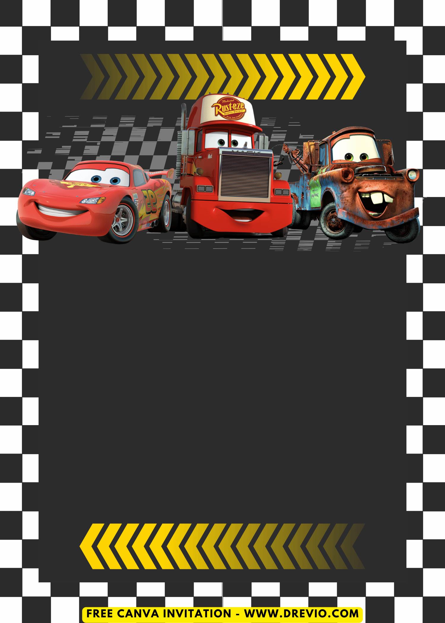 Free and Editable Disney Cars Lightning McQueen, Mater and Mack Birthday Invitation Templates Made in Canva. Customize Online for free