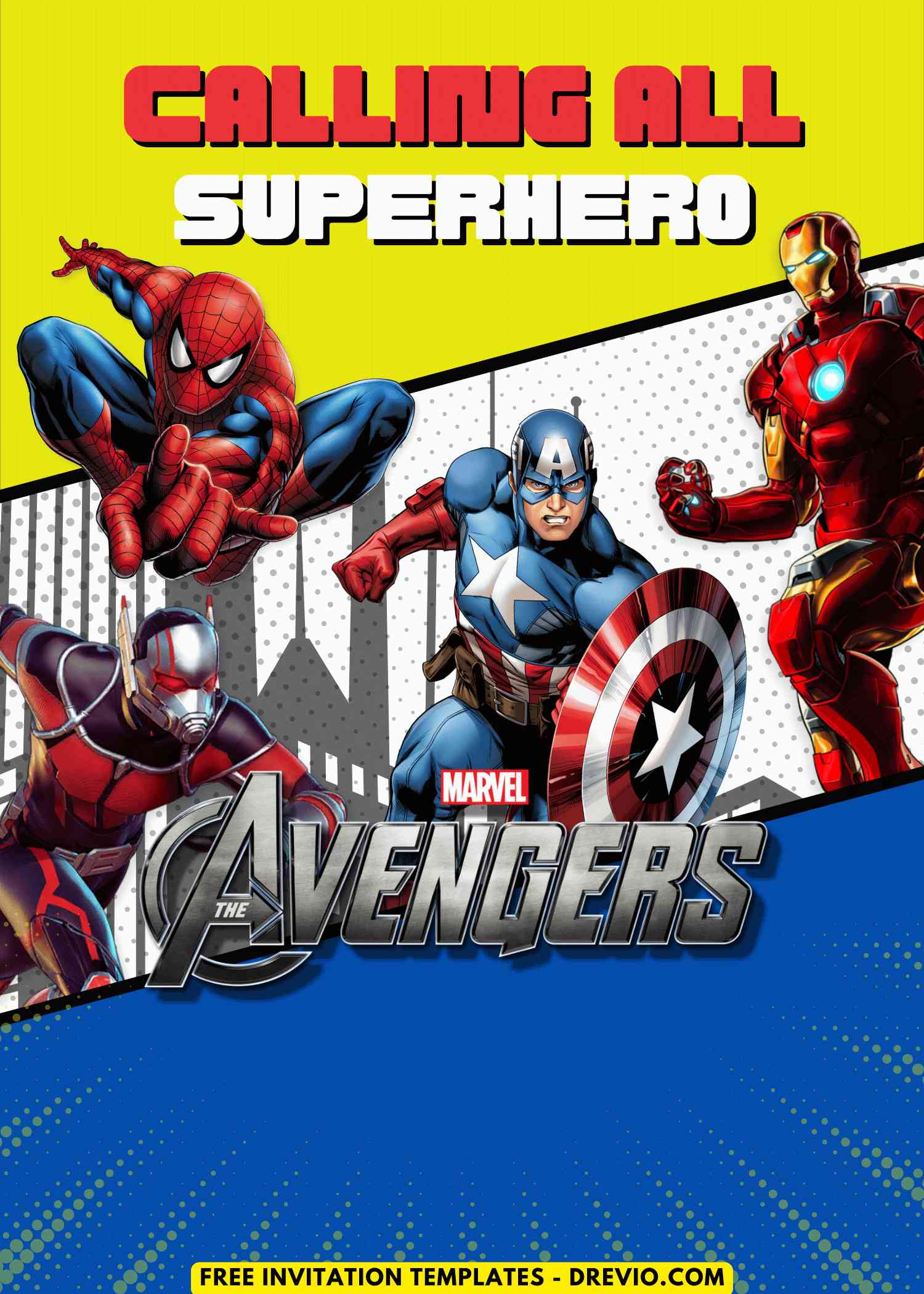 Free and Editable Amazing Spider-Man, Iron Man, Captain America and Ant-Man Avengers Birthday Invitation Templates Made in Canva. Customize Online for free
