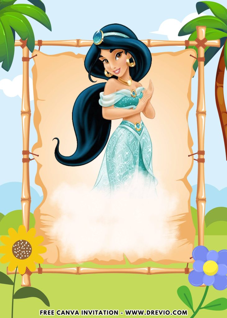 Free and Editable Disney Princess Jasmine Birthday Invitation Templates Made in Canva. Customize Online for free
