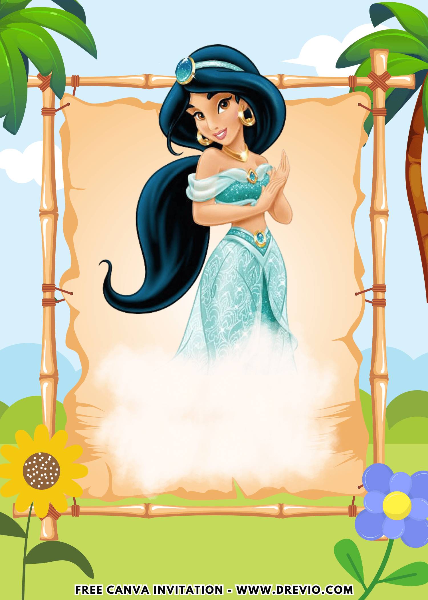 Free and Editable Disney Princess Jasmine Birthday Invitation Templates Made in Canva. Customize Online for free