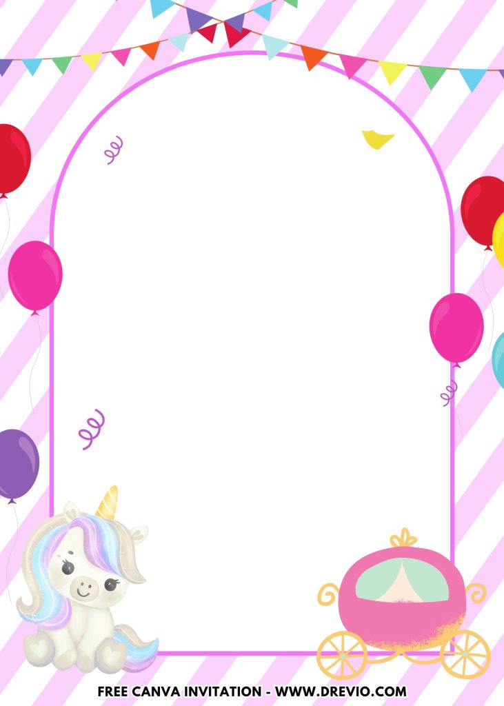 Free and Editable Cute Unicorn and Princess Carriage Birthday Invitation Templates Made in Canva. Customize Online for free