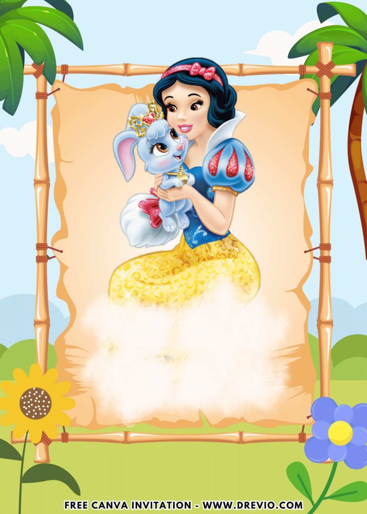 Free and Editable Disney Princess Snow White Birthday Invitation Templates Made in Canva. Customize Online for free