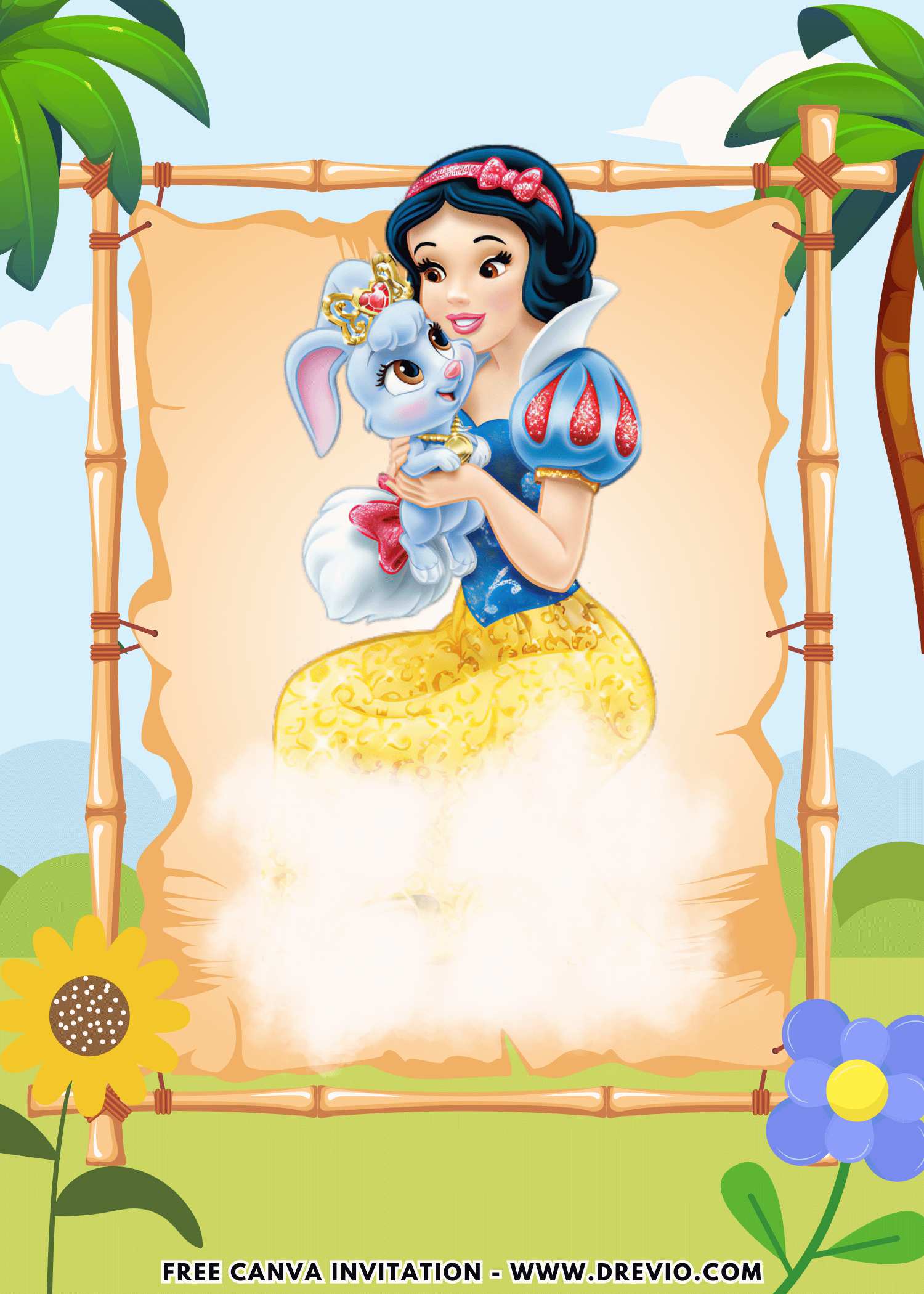 Free and Editable Disney Princess Snow White Birthday Invitation Templates Made in Canva. Customize Online for free