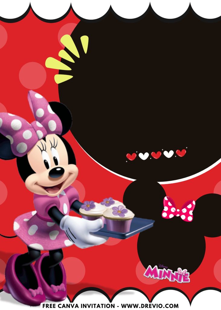 Free and Editable Lovely Cute Minnie Mouse Birthday Invitation Templates Made in Canva. Customize Online for free